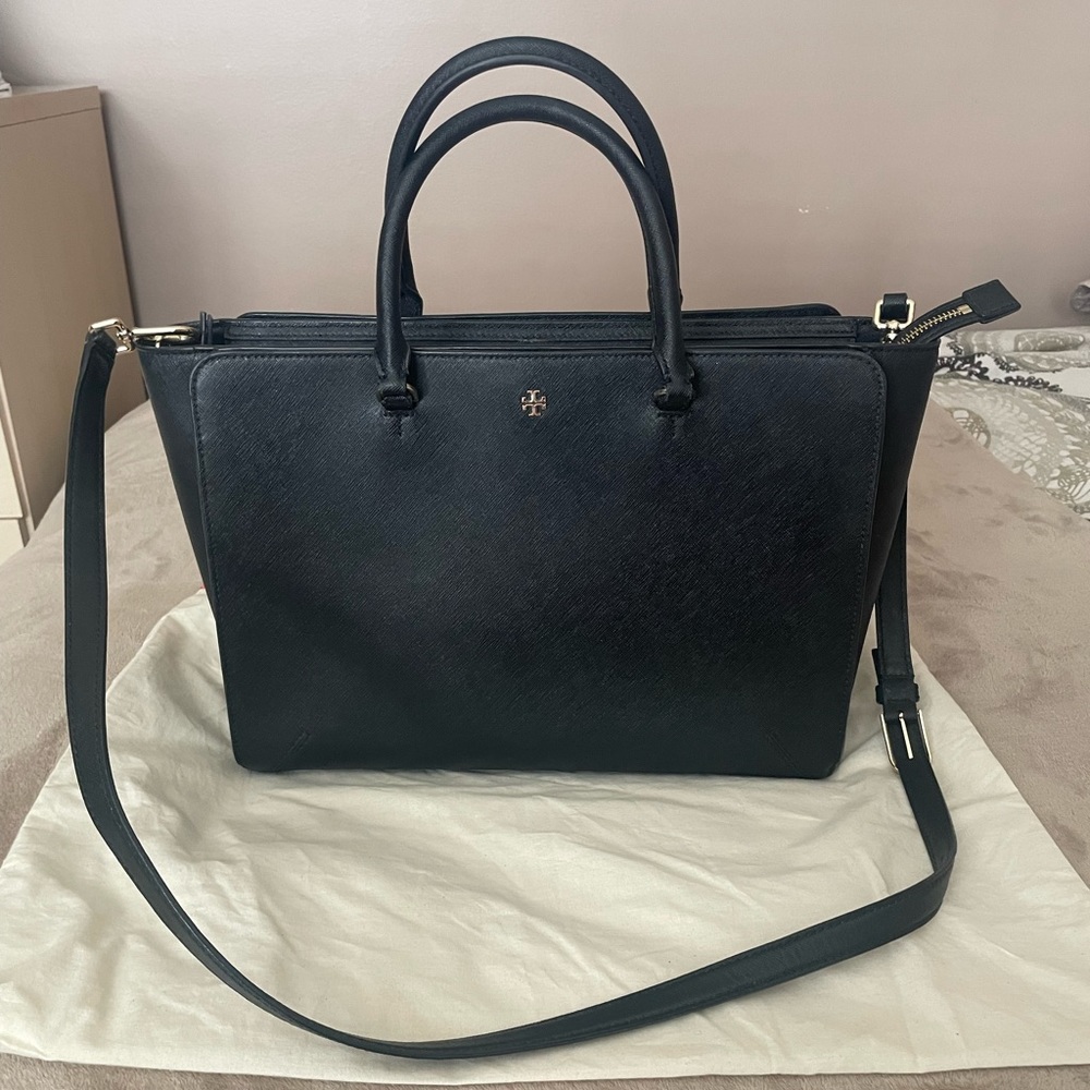 Tory Burch Black Leather Double-Handle Crossbody Tote